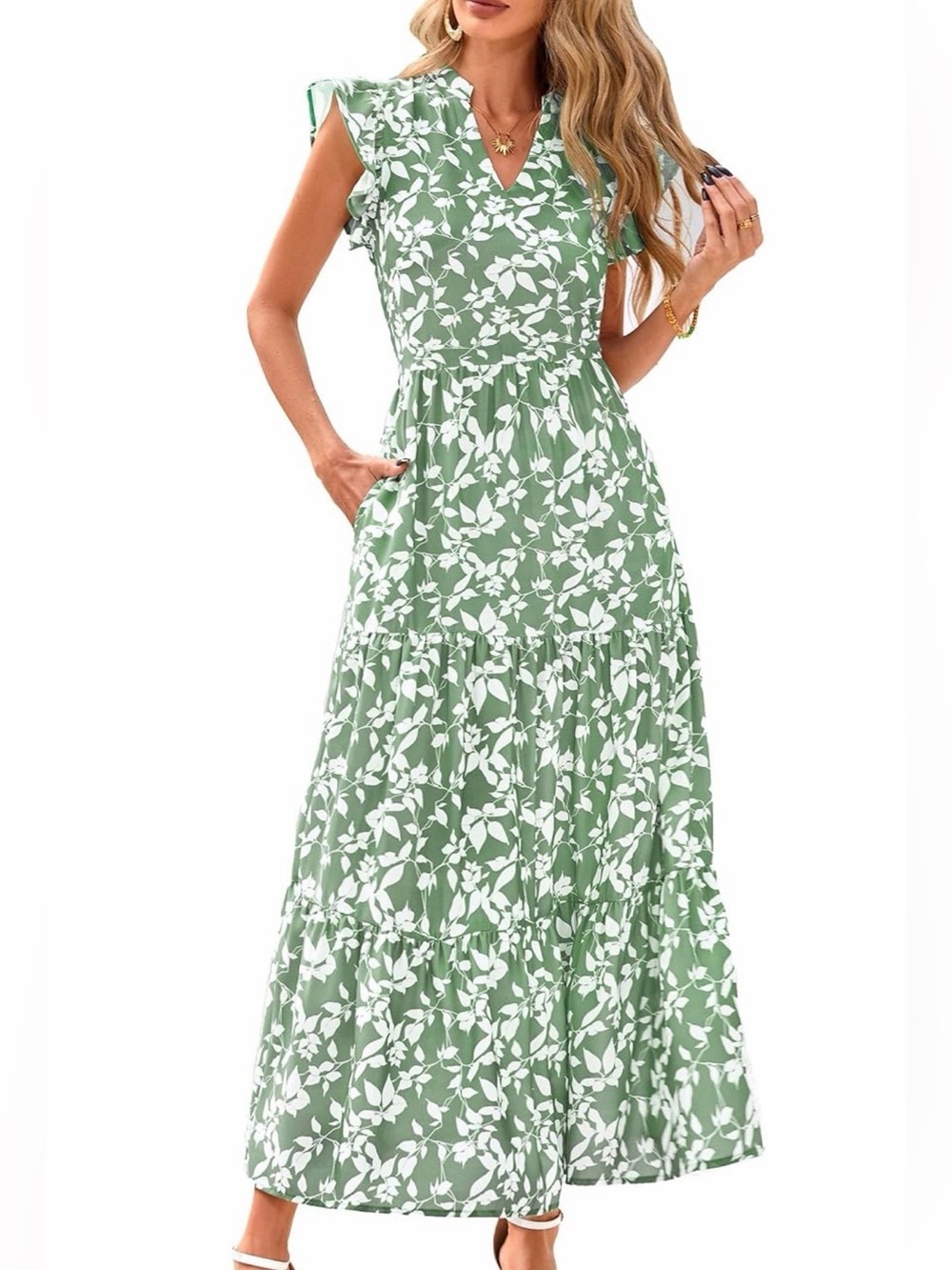 PrettyGarden Dress Womens S Green Floral V Neck Maxi Flutter Sleeve Pockets Boho